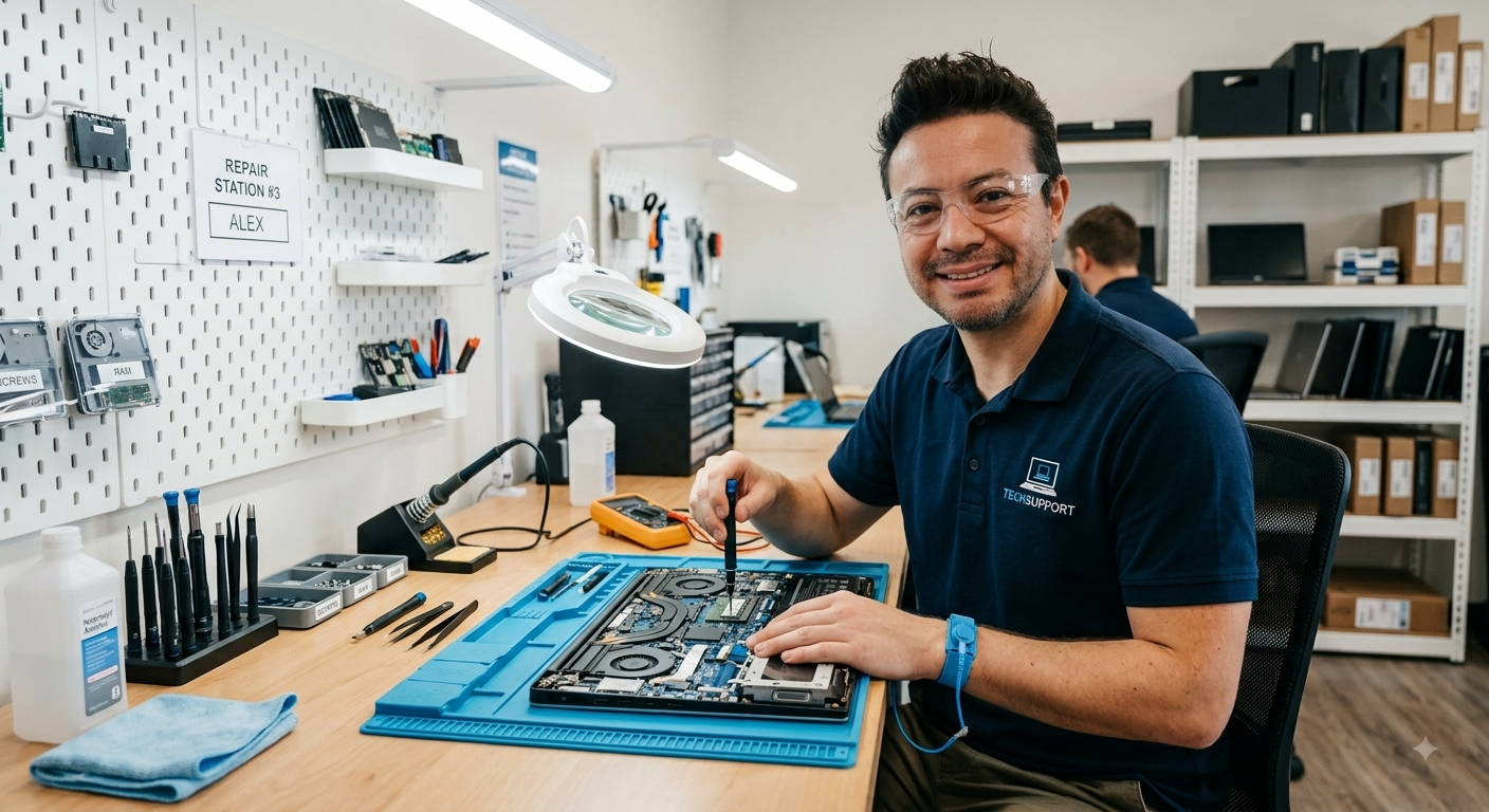 Técnico reparando laptop en Guadalajara, Tlaquepaque, Tlajomulco, Zapopan y Tonalá